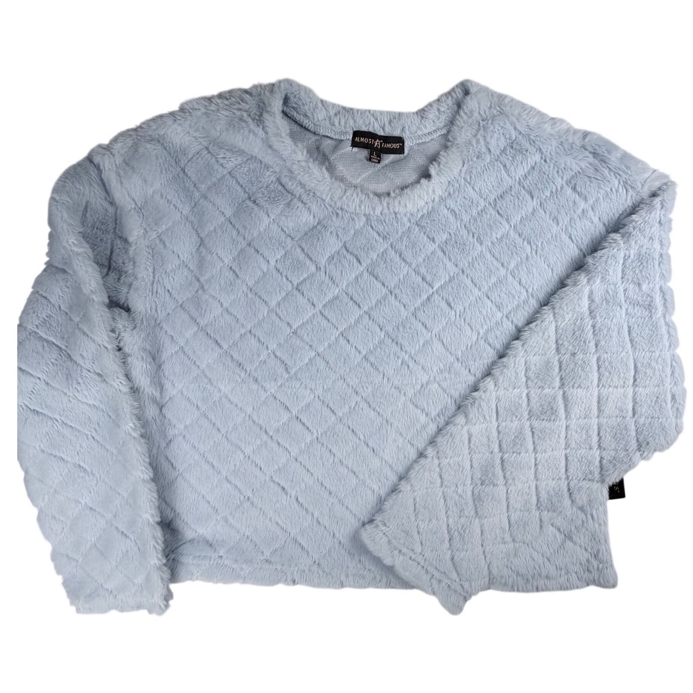 Almost Famous Women Light Blue Faux Fur Quilted Pullover Sweater Size L P202080